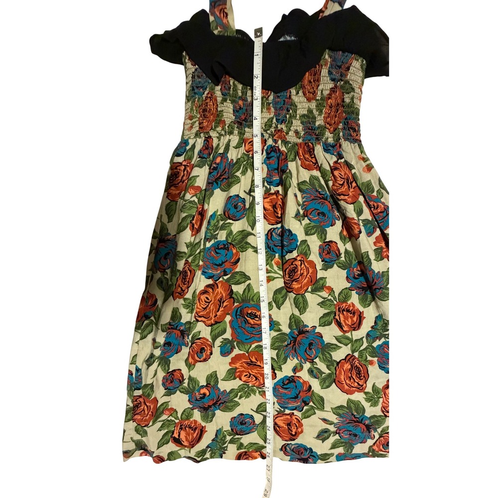 Audrey 3 +1 Floral Smocked Mini Dress Rose Print Ruffle Neck Rayon DH4169 L - Picture 9 of 10